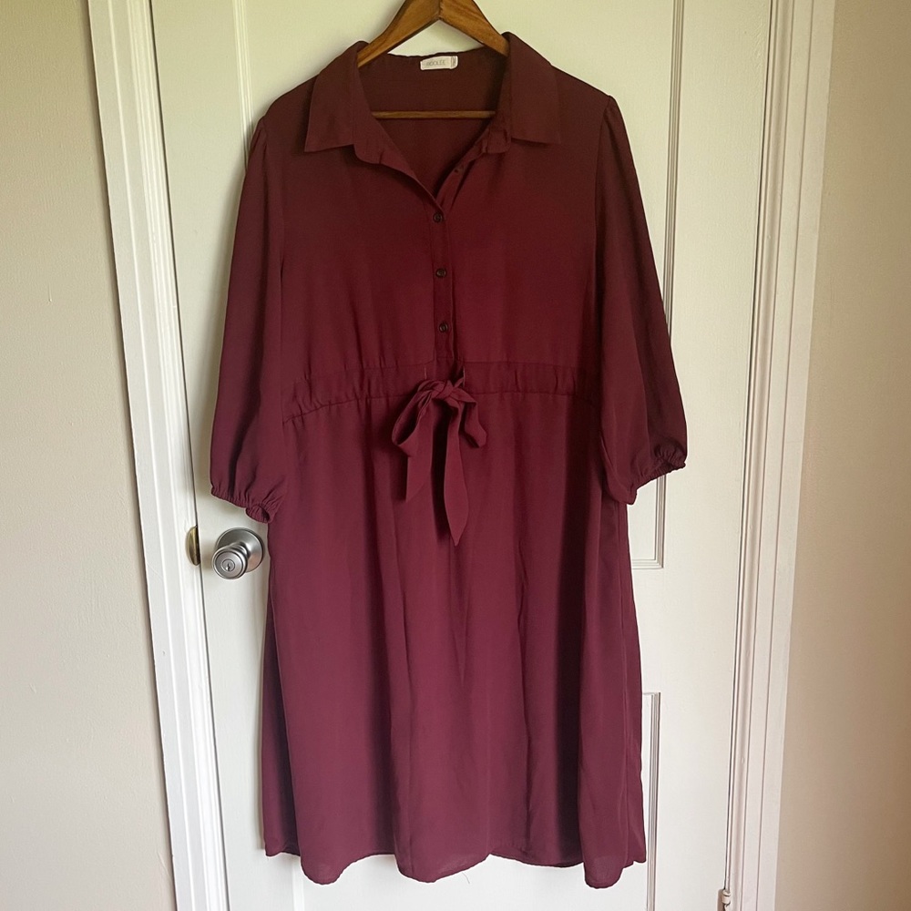 Roolee Maroon 3/4 Sleeve Midi Length Shirt Dress